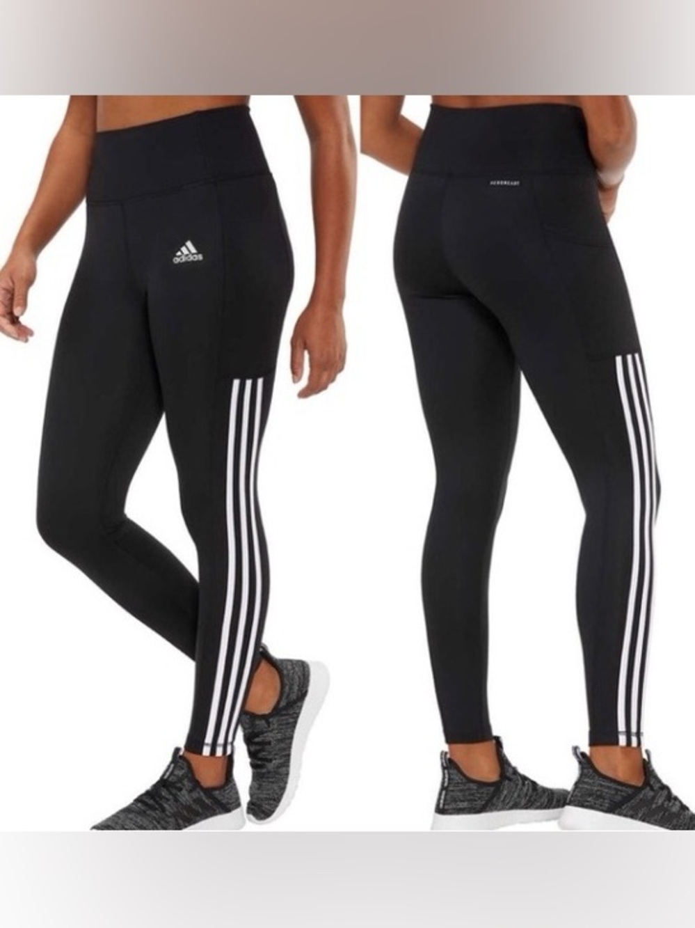 2 Pack Adidas AEROREADY 3-Stripe High Rise Leggings Tights Black Gray 7/8 Pocket